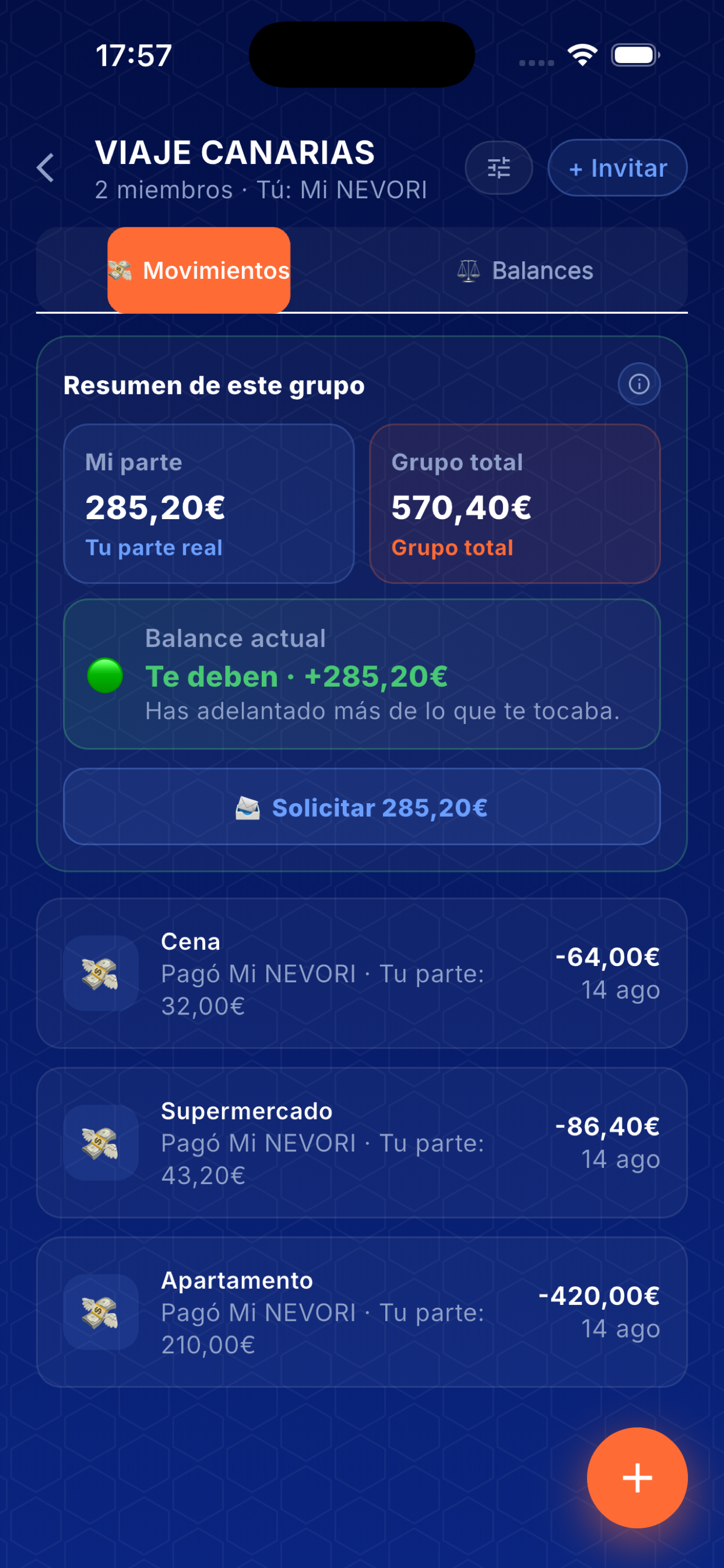 Pantalla de NEVORI Compartido con grupo y balances